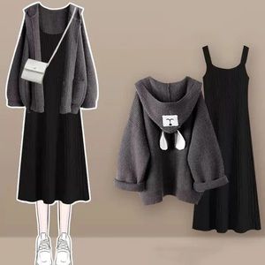 Bear Hood Cardigan and Slip Dress Set